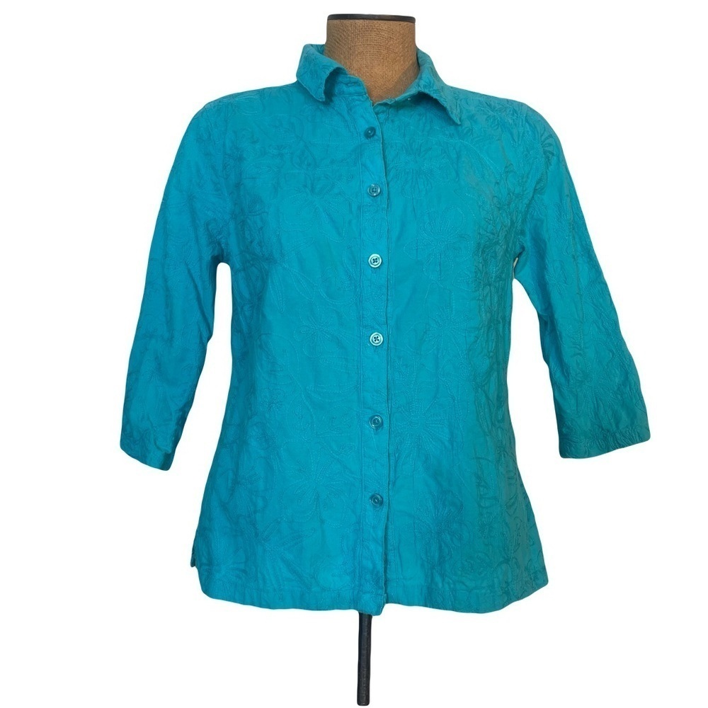 Breckenridge blouse w/ 1/4 sleeve blue/green button down shirt size Medium